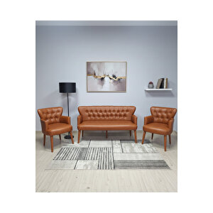 Taba Deri Chester Tarz Koltuk Takımı Modern Tasarım, Dayanıklı Ahşap Ayaklı Oturma Grubu (3+1+1)