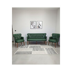 Yeşil Deri Chester Tarz Koltuk Takımı Modern Tasarım, Dayanıklı Ahşap Ayaklı Oturma Grubu (3+1+1)