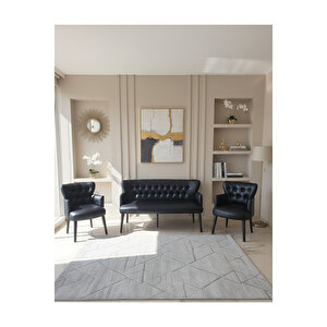 Siyah Deri Chester Tarz Koltuk Takımı Modern Tasarım, Dayanıklı Ahşap Ayaklı Oturma Grubu (3+1+1)