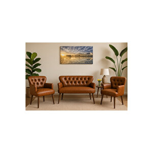 Taba Deri Chester Tarz Koltuk Takımı Modern Tasarım, Dayanıklı Ahşap Ayaklı Oturma Grubu (2+1+1)