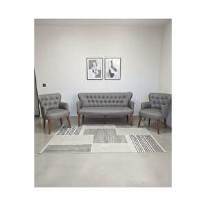 Gri Deri Chester Tarz Koltuk Takımı Modern Tasarım, Dayanıklı Ahşap Ayaklı Oturma Grubu (3+1+1)