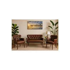 Acı Kahve Deri Chester Tarz Koltuk Takımı Modern Tasarım, Dayanıklı Ahşap Ayaklı Oturma Grubu