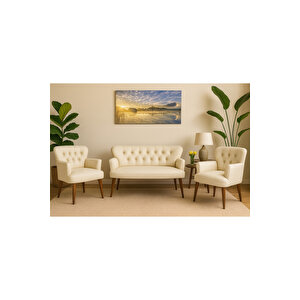 Krem Deri Chester Tarz Koltuk Takımı Modern Tasarım, Dayanıklı Ahşap Ayaklı Oturma Grubu (2+1+1)