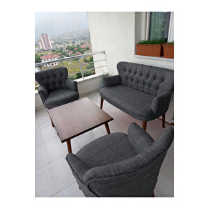 Çay Seti Koltuk Takımı - Keten Kumaş - Ahşap Ayak - Gürgen Iskelet - Gri