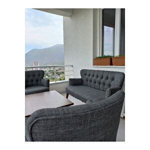 Çay Seti Koltuk Takımı - Keten Kumaş - Ahşap Ayak - Gürgen Iskelet - Gri