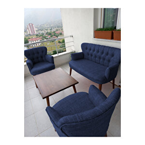 Çay Seti Koltuk Takımı - Keten Kumaş - Ahşap Ayak - Gürgen Iskelet - Mavi