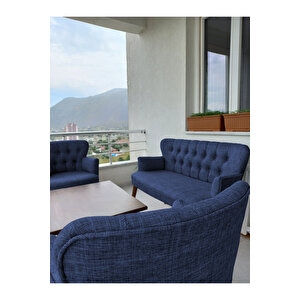 Çay Seti Koltuk Takımı - Keten Kumaş - Ahşap Ayak - Gürgen Iskelet - Mavi