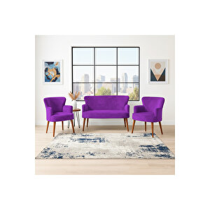 Roma Çay Seti Koltuk Takımı | Babyface Kumaş | 2 Berjer + 1 İkili Koltuk | Ahşap Ayaklı | Mor