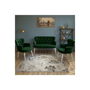 Zümrüt Yeşil Babyface Kumaş Çay Seti Koltuk Takımı – 2 Berjer + 1 İkili, Modern, Beyaz Ayak