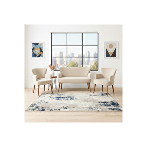 Roma Çay Seti Koltuk Takımı | Babyface Kumaş | 2 Berjer + 1 İkili Koltuk | Ahşap Ayaklı | Krem