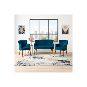 Roma Çay Seti Koltuk Takımı | Babyface Kumaş | 2 Berjer + 1 İkili Koltuk | Ahşap Ayaklı | Petrol