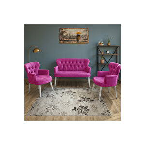 Fuşya Babyface Kumaş Çay Seti Koltuk Takımı – 2 Berjer + 1 İkili, Modern, Beyaz Ayak