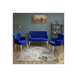 Lacivert Babyface Kumaş Çay Seti Koltuk Takımı – 2 Berjer + 1 İkili, Modern, Beyaz Ayak