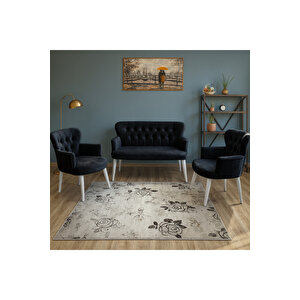 Siyah Babyface Kumaş Çay Seti Koltuk Takımı – 2 Berjer + 1 İkili, Modern, Beyaz Ayak