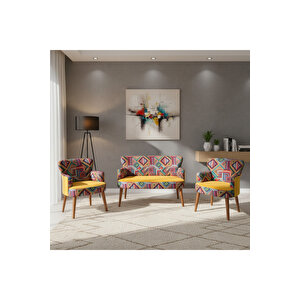 Roma Çay Seti Koltuk Takımı – Babyface Kumaş | Karışık Desen | Ceviz Ayak | Sari