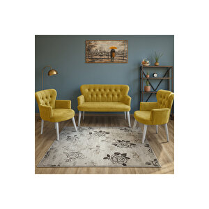 Sarı Babyface Kumaş Çay Seti Koltuk Takımı – 2 Berjer + 1 İkili, Modern, Beyaz Ayak