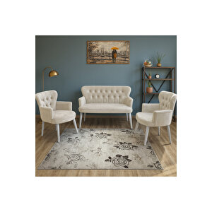 Krem Babyface Kumaş Çay Seti Koltuk Takımı – 2 Berjer + 1 İkili, Modern, Beyaz Ayak