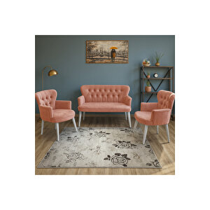 Somon Renk Babyface Kumaş Çay Seti Koltuk Takımı – 2 Berjer + 1 İkili, Modern, Beyaz Ayak