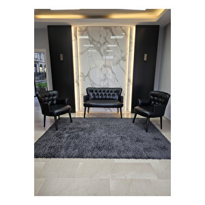 Siyah Deri Chester Tarz Koltuk Takımı Modern Tasarım, Dayanıklı Ahşap Ayaklı Oturma Grubu (2+1+1)