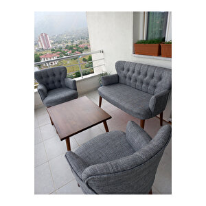 Çay Seti Koltuk Takımı - Keten Kumaş - Ahşap Ayak - Gürgen Iskelet - Açık Gri