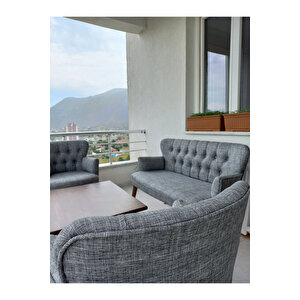 Çay Seti Koltuk Takımı - Keten Kumaş - Ahşap Ayak - Gürgen Iskelet - Açık Gri