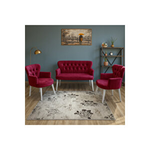 Bordo Babyface Kumaş Çay Seti Koltuk Takımı – 2 Berjer + 1 İkili, Modern, Beyaz Ayak