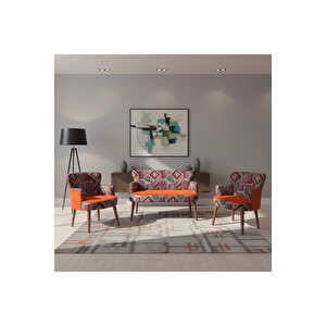 Roma Çay Seti Koltuk Takımı – Babyface Kumaş | Karışık Desen | Ceviz Ayak | Turuncu