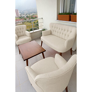 Çay Seti Koltuk Takımı - Keten Kumaş - Ahşap Ayak - Gürgen Iskelet - Krem