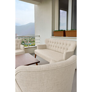 Çay Seti Koltuk Takımı - Keten Kumaş - Ahşap Ayak - Gürgen Iskelet - Krem