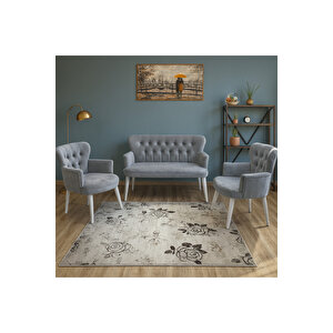 Açık Gri Babyface Kumaş Çay Seti Koltuk Takımı – 2 Berjer + 1 İkili, Modern, Beyaz Ayak