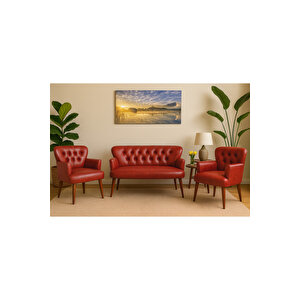 Kırmızı Deri Chester Tarz Koltuk Takımı Modern Tasarım, Dayanıklı Ahşap Ayaklı Oturma Grubu (2+1+1)