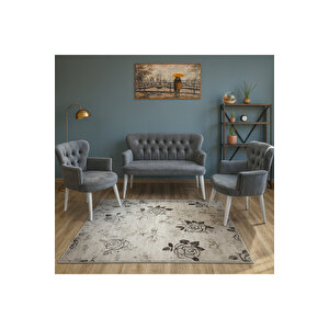 Füme Gri Babyface Kumaş Çay Seti Koltuk Takımı – 2 Berjer + 1 İkili, Modern, Beyaz Ayak