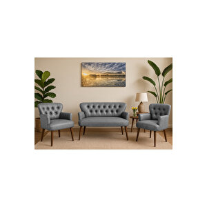 Gri Deri Chester Tarz Koltuk Takımı Modern Tasarım, Dayanıklı Ahşap Ayaklı Oturma Grubu (2+1+1)