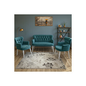 Petrol Rengi Babyface Kumaş Çay Seti Koltuk Takımı – 2 Berjer + 1 İkili, Modern, Beyaz Ayak