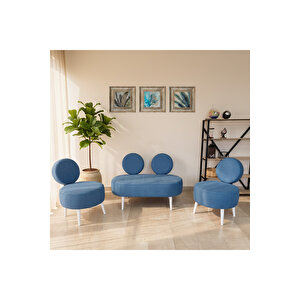 Dünya Model Koltuk Takımı – 2+1+1 – Buklet Kumaş – Ahşap Ayaklı – Modern Ofis & Bekleme Alanı Seti - Mavi̇