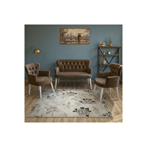 Kahverengi Babyface Kumaş Çay Seti Koltuk Takımı – 2 Berjer + 1 İkili, Modern, Beyaz Ayak