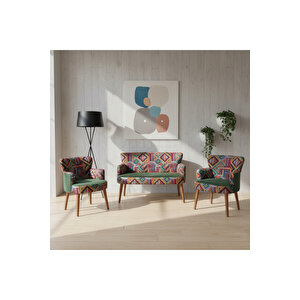 Roma Çay Seti Koltuk Takımı – Babyface Kumaş | Karışık Desen | Ceviz Ayak | Yeşi̇l