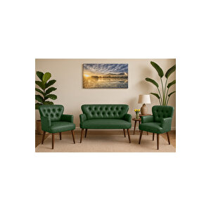 Yeşil Deri Chester Tarz Koltuk Takımı Modern Tasarım, Dayanıklı Ahşap Ayaklı Oturma Grubu (2+1+1)