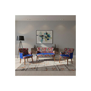 Roma Çay Seti Koltuk Takımı – Babyface Kumaş | Karışık Desen | Ceviz Ayak | Saks Mavi̇