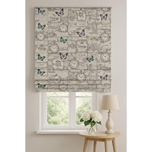 Katlamalı Tül Perde – Vintage Saat Ve Kelebek Desenli Mekanizmalı Perde 180x200 cm
