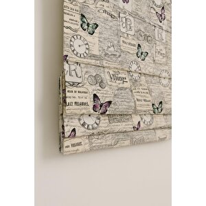 Katlamalı Tül Perde – Vintage Saat Ve Kelebek Desenli Mekanizmalı Perde 180x200 cm