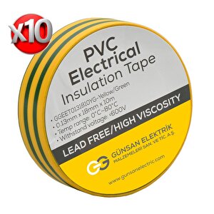 Günsan Sarı-yeşil Elektrik İzolasyon Bandı 10 Adet
