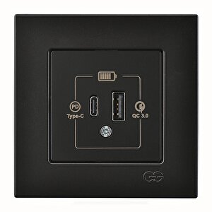 Günsan Eqona Metalik Siyah Şarj Prizi 20w Qc3.0 Pd Type-c + Usb Çift Çıkışlı