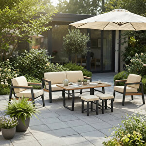 Leo Tu Ti̇enda Alümi̇nyum 3+1+1+masa(80*140) Demonte Bahçe Balkon Mutfak Mobi̇lyasi,GRİ Açık Krem