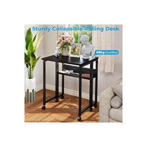 Sidney Kitaplık Raflı Katlanır Masa 70cm Tekerli Bilgisayar Masası Laptop Masası Siyah