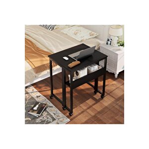 Sidney Kitaplık Raflı Katlanır Masa 70cm Tekerli Bilgisayar Masası Laptop Masası Siyah