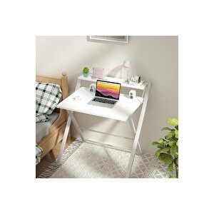 Bodo Metal Ayaklı Laptop Masası Katlanır Çalışma Masası Raflı Masa Katlanır Laptop Sehpası Beyaz