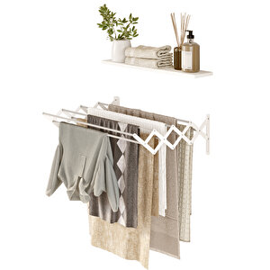 Akordion 70cm 9 Gözlü Çamaşır Kurutma Askısı Duvara Monte Katlanabilir Paslanmaz Kurutmalık Beyaz Beyaz