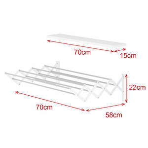 Akordion 70cm 9 Gözlü Çamaşır Kurutma Askısı Duvara Monte Katlanabilir Paslanmaz Kurutmalık Beyaz