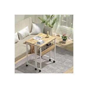 Sidney Kitaplık Raflı Katlanır Masa 70 Cm Tekerli Bilgisayar Masası Laptop Masası Atlantik Çam